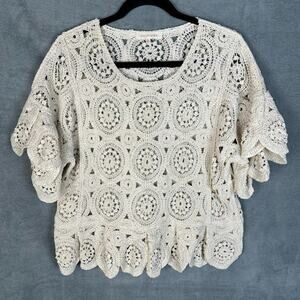 Solitaire Sweater Womens Medium Cream Crochet Knit Ruffle Sleeve Boho Festival